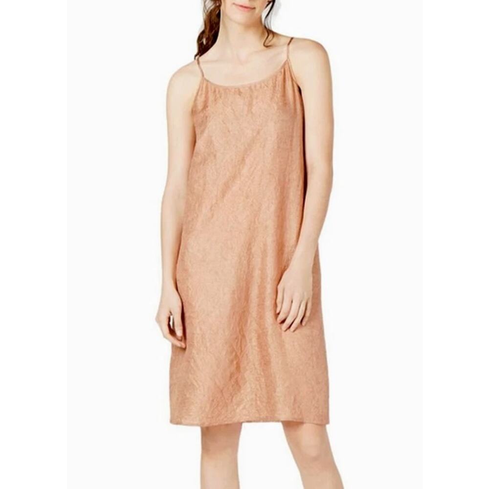 Eileen Fisher Slip Dress 100% Silk Scoop Neck Sheer Toffee Cream Knee Length L